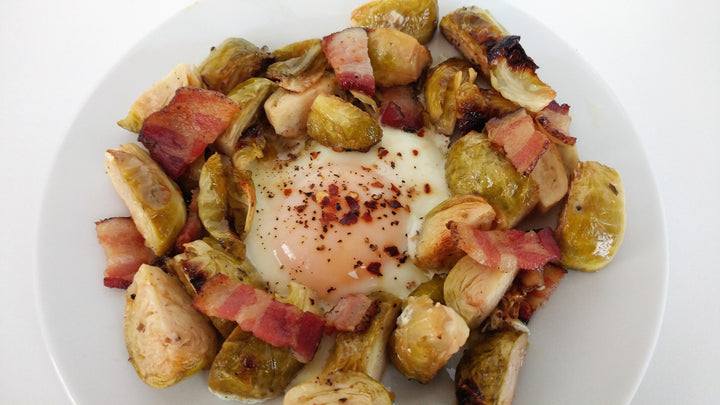 Sheet Tray Brussel Sprouts, Bacon, and Eggs with White Balsamic Vinaigrette